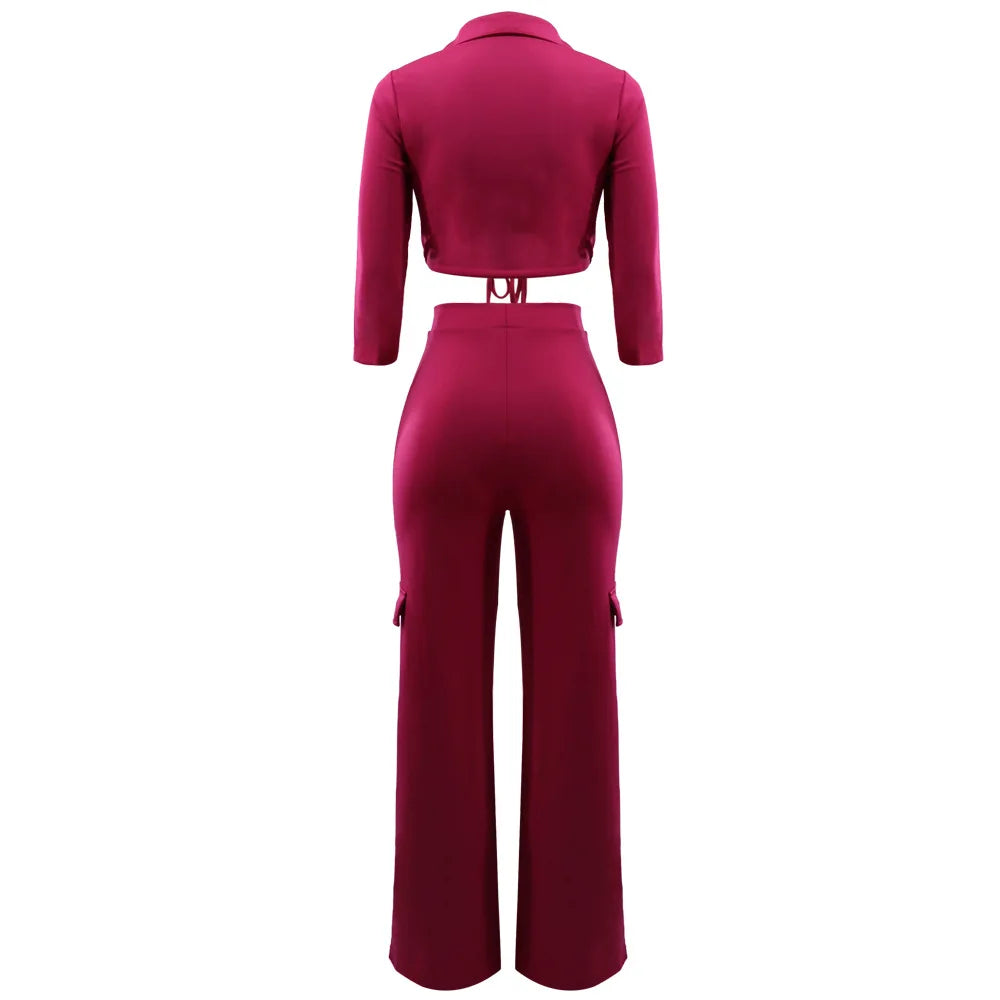Elegant Office Women Two Piece Sets Autumn V Turn-down Neck Half Sleeve Drawstring Lace Up Short Shirt + Wide Leg Trousers Set