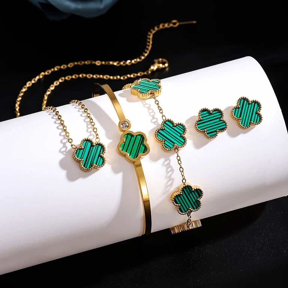 3Pcs Stainless Steel 316L Luxury Plum Blossom Plant Five Leaf Flower Necklace Earrings Bracelet For Women Gift Jewelry Sets