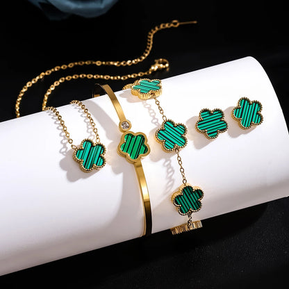 3Pcs Stainless Steel 316L Luxury Plum Blossom Plant Five Leaf Flower Necklace Earrings Bracelet For Women Gift Jewelry Sets