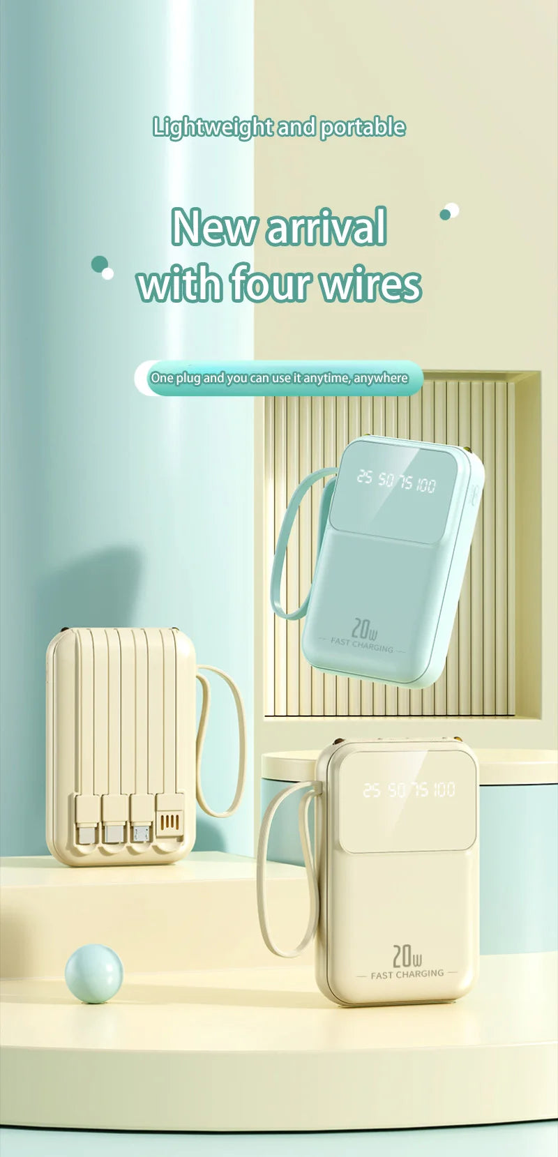 New Built In Power Bank With Small And Portable 20000mAh Llarge Capacity Portable Power Bank Super Fast Charging Power Bank Hot