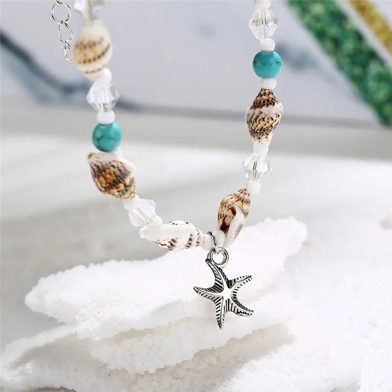 Modyle New Beads Anklets for Women Silver Color Starfish Beach Leg Bracelet Handmade Bohemian Foot Chain Boho Jewelry Gift