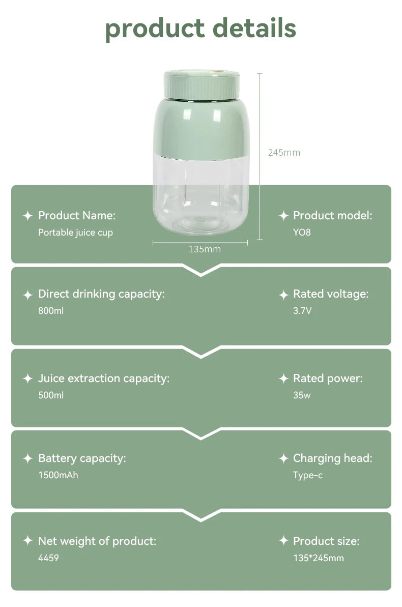 Portable Fruit Blender 800ml Multifunctional Electric Juicer Cup 10 Steel Blades Summer Milkshake Machine USB Rechargeable