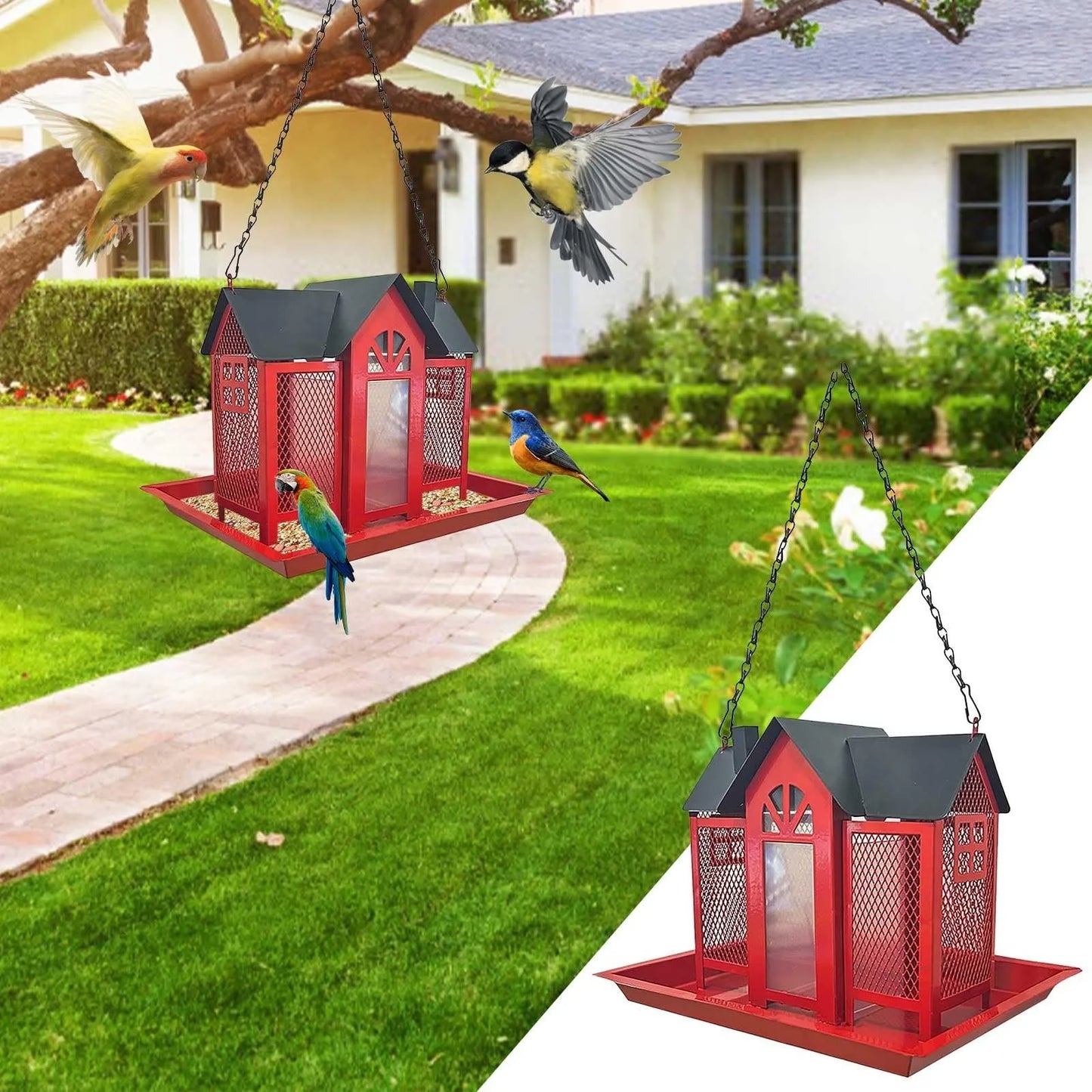 Bird Feeders For Outdoors Metal Bird Garden Feeders Rain/Wind-Proof Cottage Bird Feeder Large-Capacity Bird Food Feeder