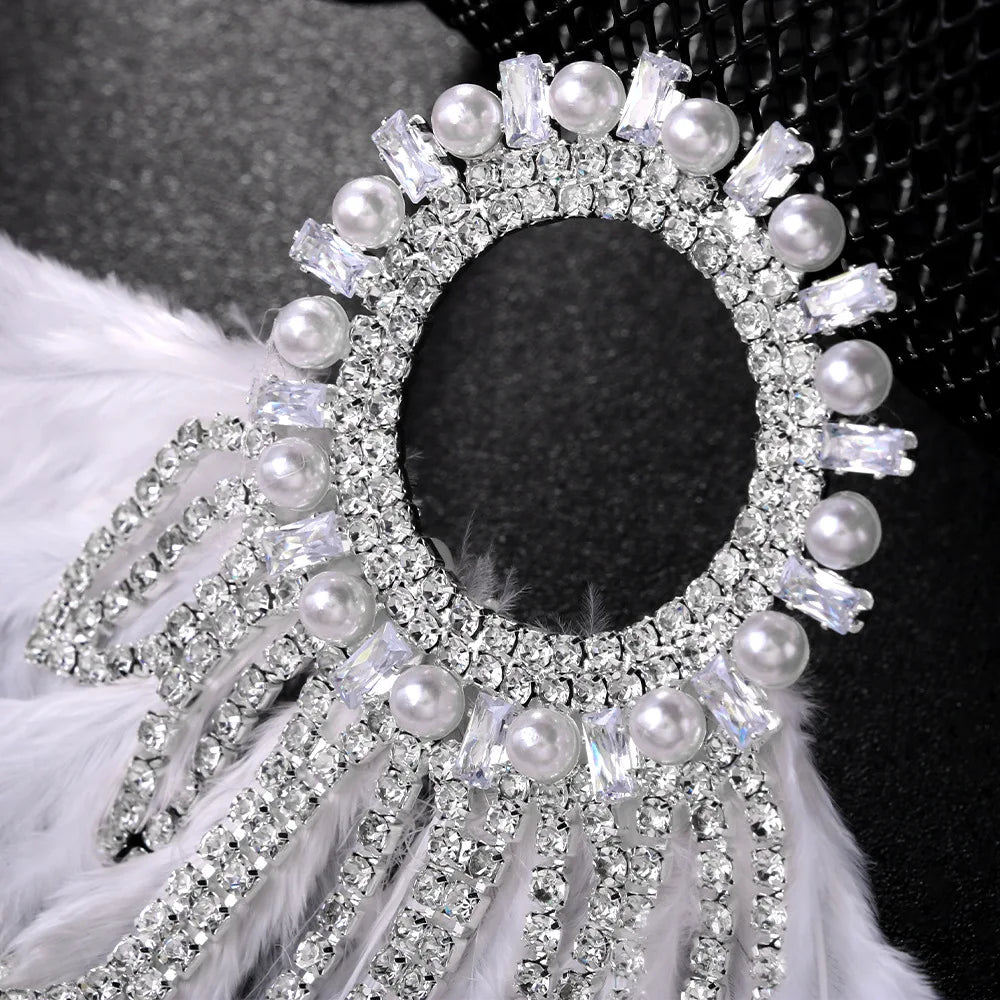 Stonefans Bohemian Earrings for Women Luxury Designer Piercing Rhinestone Fashion Wedding Bride Feather Exaggerated Earrings
