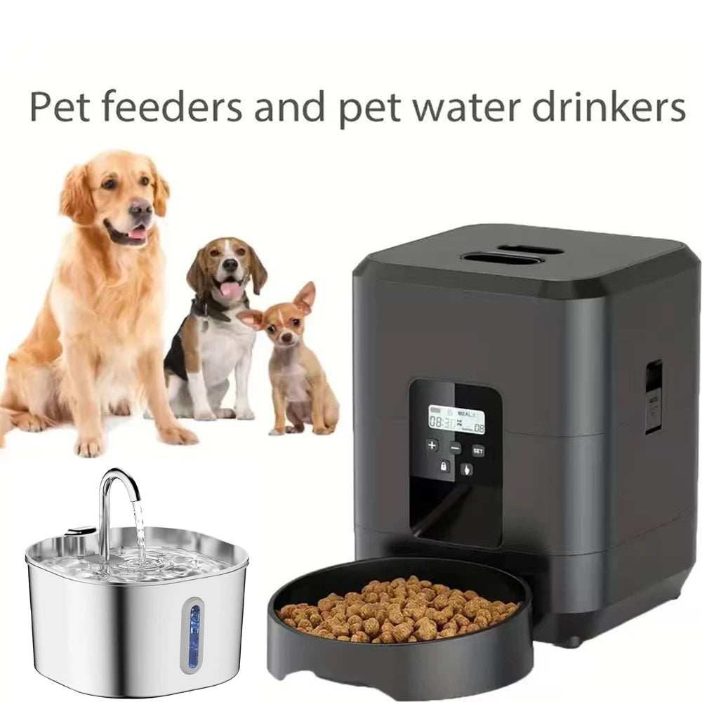Smart Pet Feeder, Pet Dispenser and Fountain Set, Cat Automatic Feeder with Stainless Steel Fountain, Dog Feeder and Fountain Ki