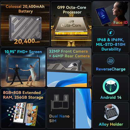 Cubot Tab KingKong 2, Rugged Tablet Android 14, Helio G99, 20400mAh Battery,16GB RAM+256GB ROM, IP68 Waterproof, 10.95" Screen
