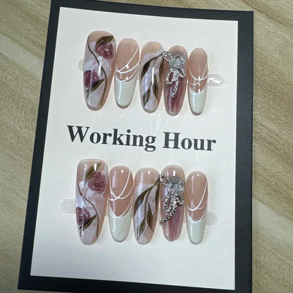 10Pcs Almond Pink Handmade Nails Set Press on Nails Long Ballet Fake Nail Simple Wearable Full Cover Nail Tips Press on Nails