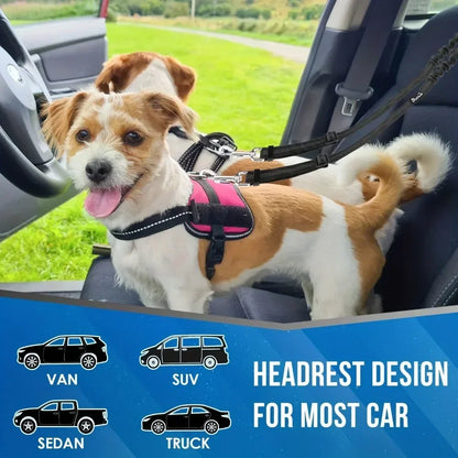 Double Dog Car Harness Safety Seatbelt Adjustable Pet Travel Restraint for 2 Dogs Heavy Duty Crash Tested Elastic Splitter Headr