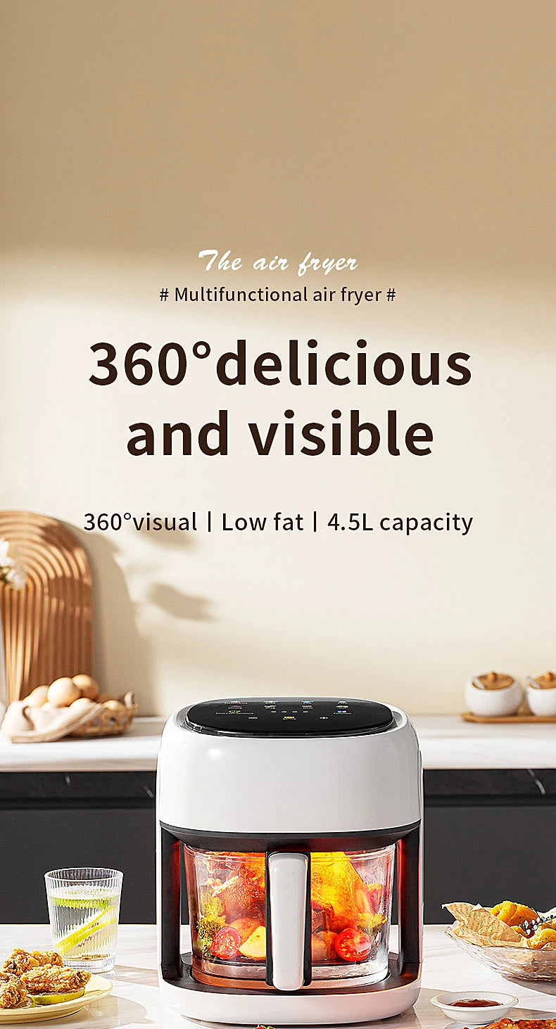 Smart Electric Air Fryer Large Capacity Convection Oven Deep Fryer Without Oil Kitchen 360°Baking Viewable Window Home Applianc