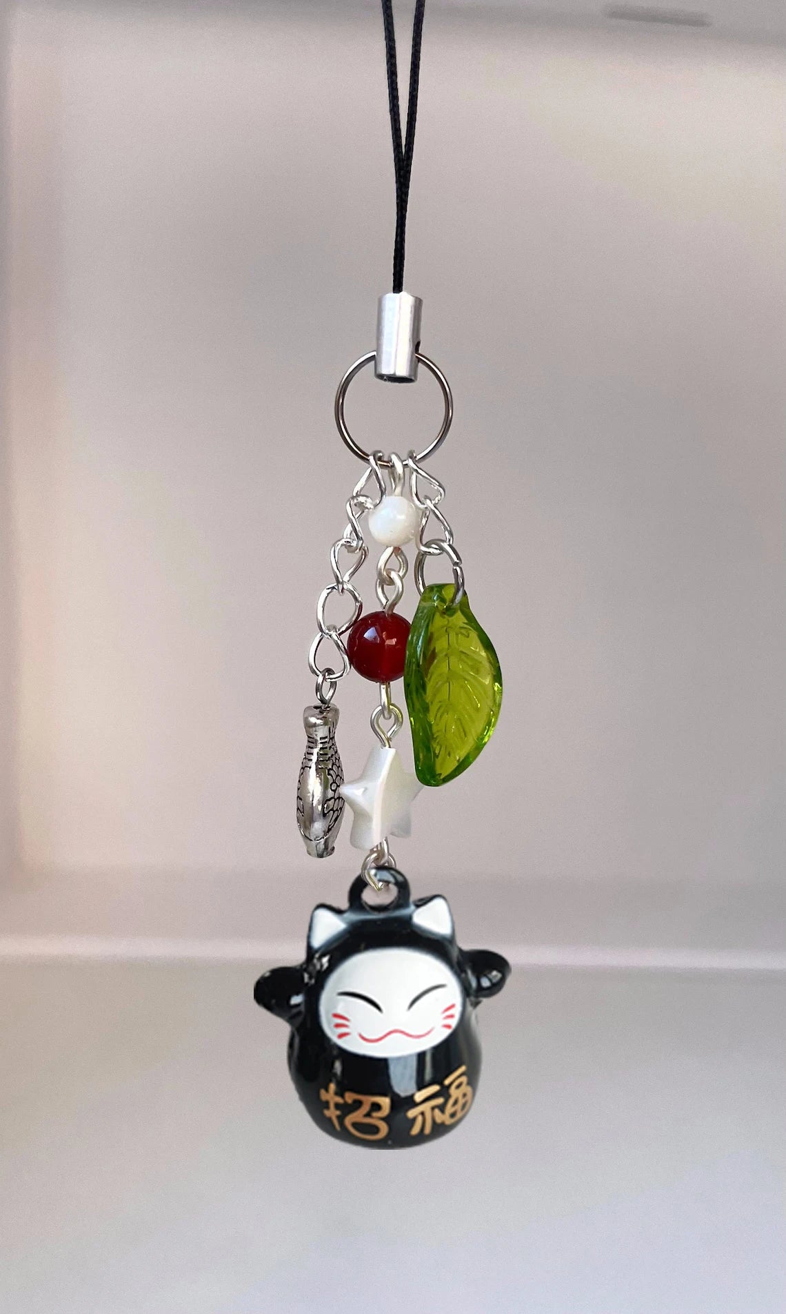 Handmade Black cat phone charm | phone strap | phone accessories | lucky small bell cat keychain