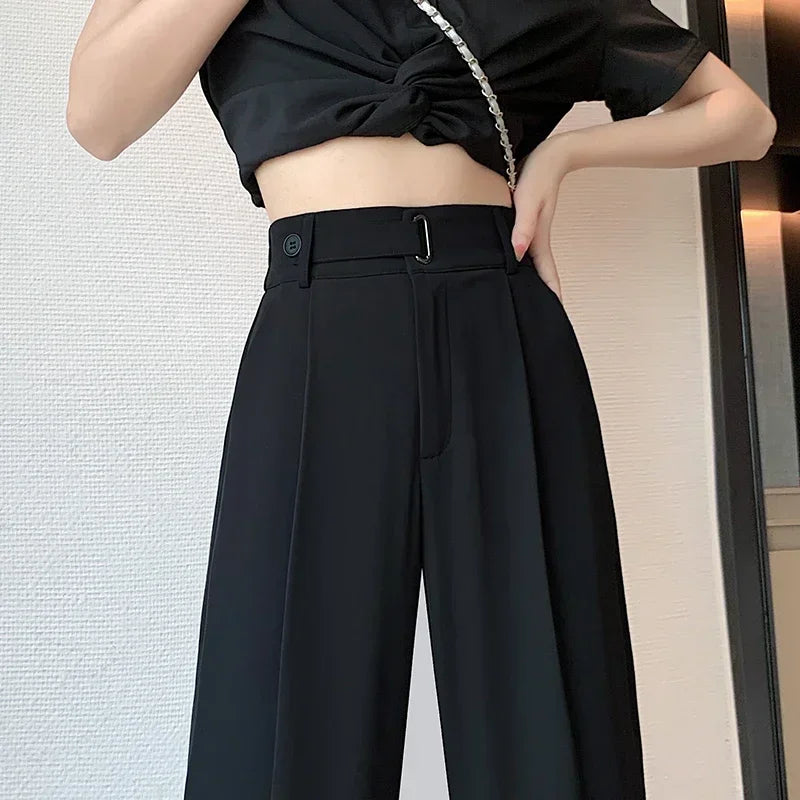 Office Ladies Casual Suit Wide Leg Pants Women Elegant 2025 Spring Summer Fashion Solid Color High Waist Loose Outwear Trousers