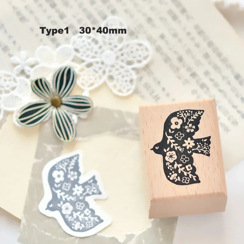 Stamp Scrapbooking Supplies Flower Petal Birds Stationary Kawaii Wooden Stamps