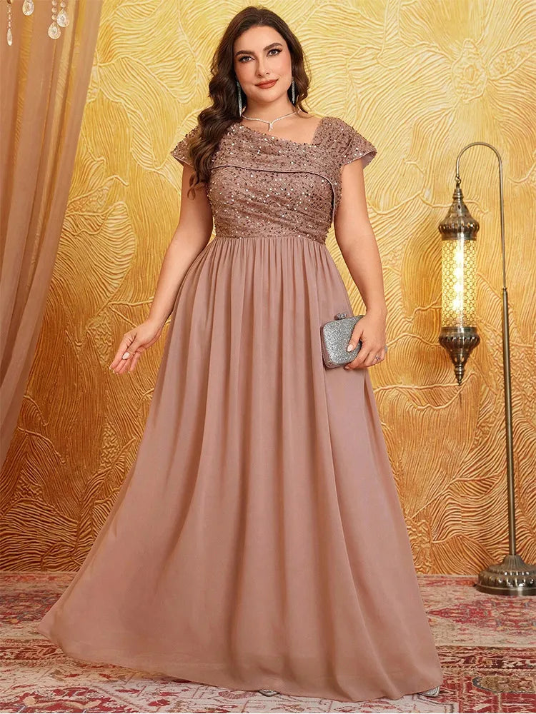 Plus Size Shiny Apricot Sleeveless Evening Chiffon Floor Floor Bridesmaid Dress Big Size Luxury Banquet Floor Floor Prom
