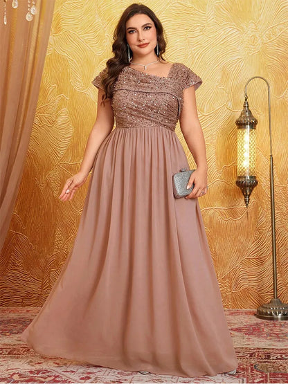 Plus Size Shiny Apricot Sleeveless Evening Chiffon Floor Floor Bridesmaid Dress Big Size Luxury Banquet Floor Floor Prom