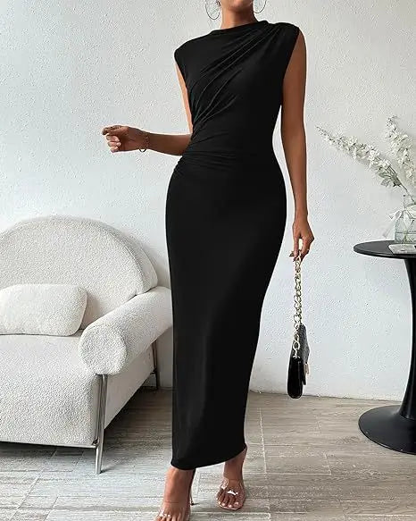 Women's Ruched Bodycon Dress Summer Casual Sleeveless Back Slit Elegant Club Evening Party Cocktail Maxi Dresses
