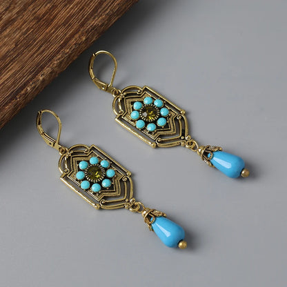 Hidden Blue Beads Teardrop Stone Earrings Gothic Women's Accessories Rectangular Metal Carved Bohemian Earrings