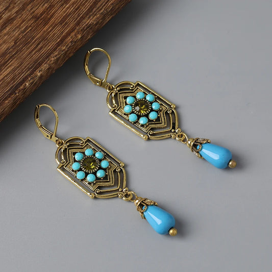 Hidden Blue Beads Teardrop Stone Earrings Gothic Women's Accessories Rectangular Metal Carved Bohemian Earrings