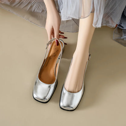Fashion Slingback Sandals Shoes Women Block Heels Close Toe Party Office Shoes Ladies Elegant Short Heeled Silver Mules Shoes