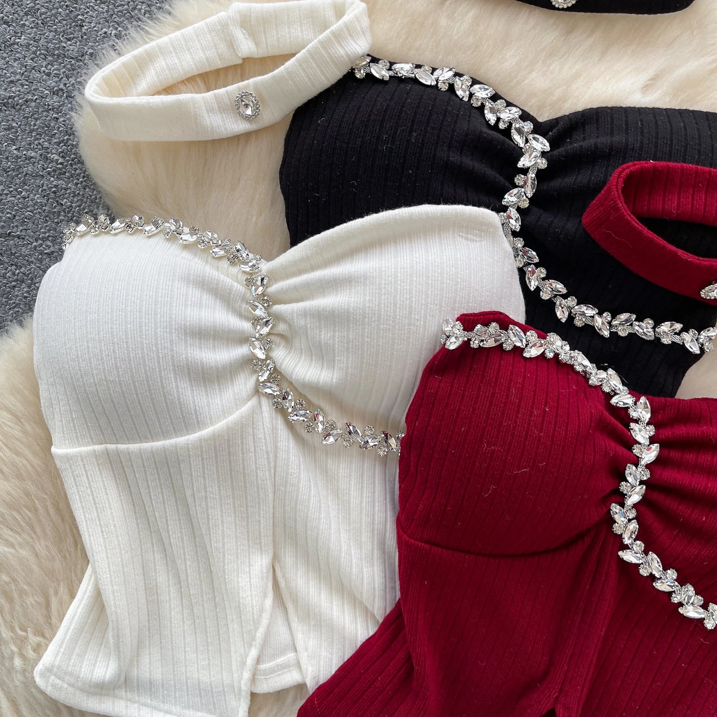 SINGREINY Strapless Sexy Ladies Top Summer Halter Beading Design Split Camisole Korean Skinny Streetwear Hotsweet Tank Top