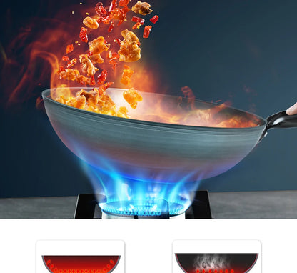 Flat Bottom Wok Pan 13.5" Woks And Stir Fry Pans Blue Iron Cookware Traditional Chinese Cookware For Electric Induction Cooktops