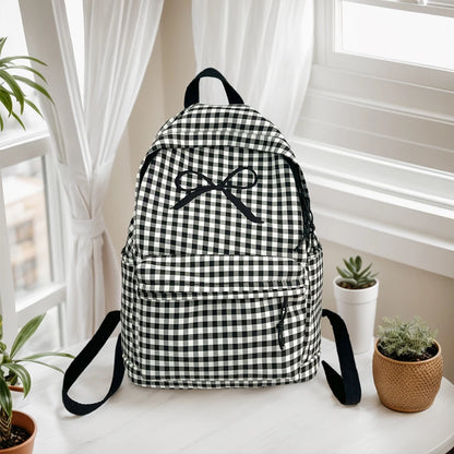 Cute Bowknot Plaid School Backpack Lightweight School Bag Nylon Student Rucksack for Girls Women High School College Work