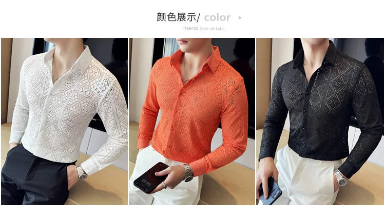Quality Hollow Shirts For Men Korean Luxury Clothing Fashion Sexy Lace Men's Social Shirt Dress Slim Fit Long Sleeve Prom Tuxedo