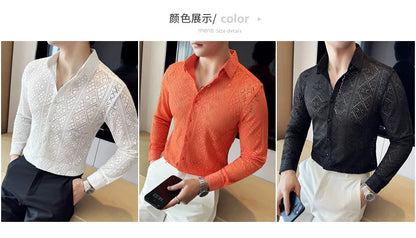 Quality Hollow Shirts For Men Korean Luxury Clothing Fashion Sexy Lace Men's Social Shirt Dress Slim Fit Long Sleeve Prom Tuxedo