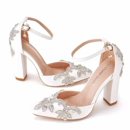 2025 Thick Heel Pointed Toe Shoes Large Size  Thick Heel Sandals Women Rhinestone Wedding Shoes Women White Wedding Shoes Drill