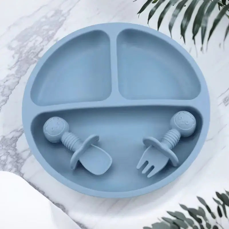 Silicone feeding set 3 cartoon bear sucker plates with spoons and forks, suitable for BPA-free tableware for children under 6 ye