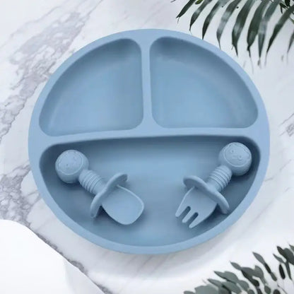 Silicone feeding set 3 cartoon bear sucker plates with spoons and forks, suitable for BPA-free tableware for children under 6 ye