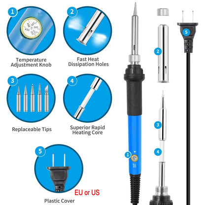 2024 Electric Soldering Iron 60W Adjustable Temperature Replaceable Soldering Iron Head Soldering Iron Pen Welding Kit