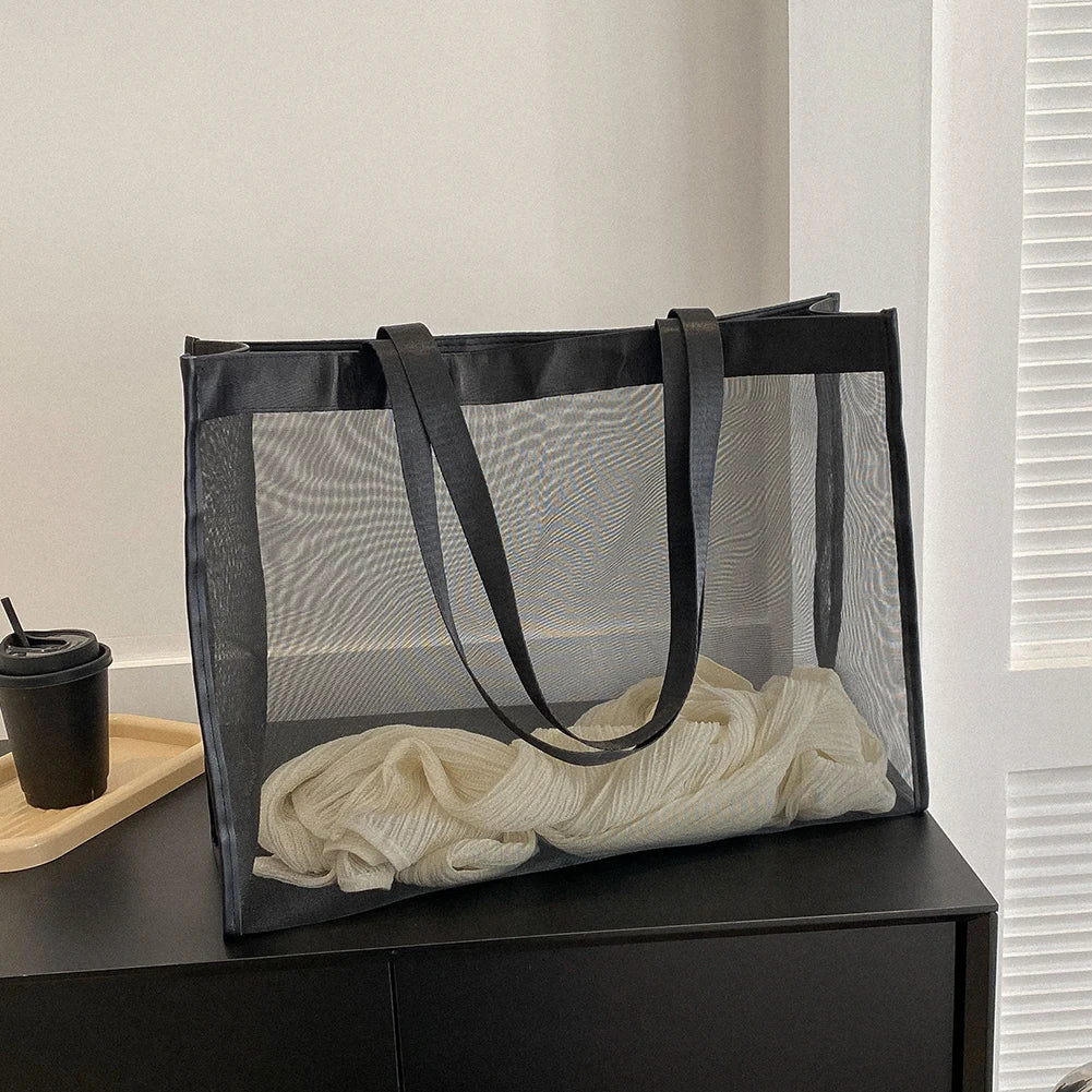 Fashion Totes Bags Large Capacity Mesh Top-Handle Handbag Solid Color Storage Bags Transparent All-match for Beach Swimming
