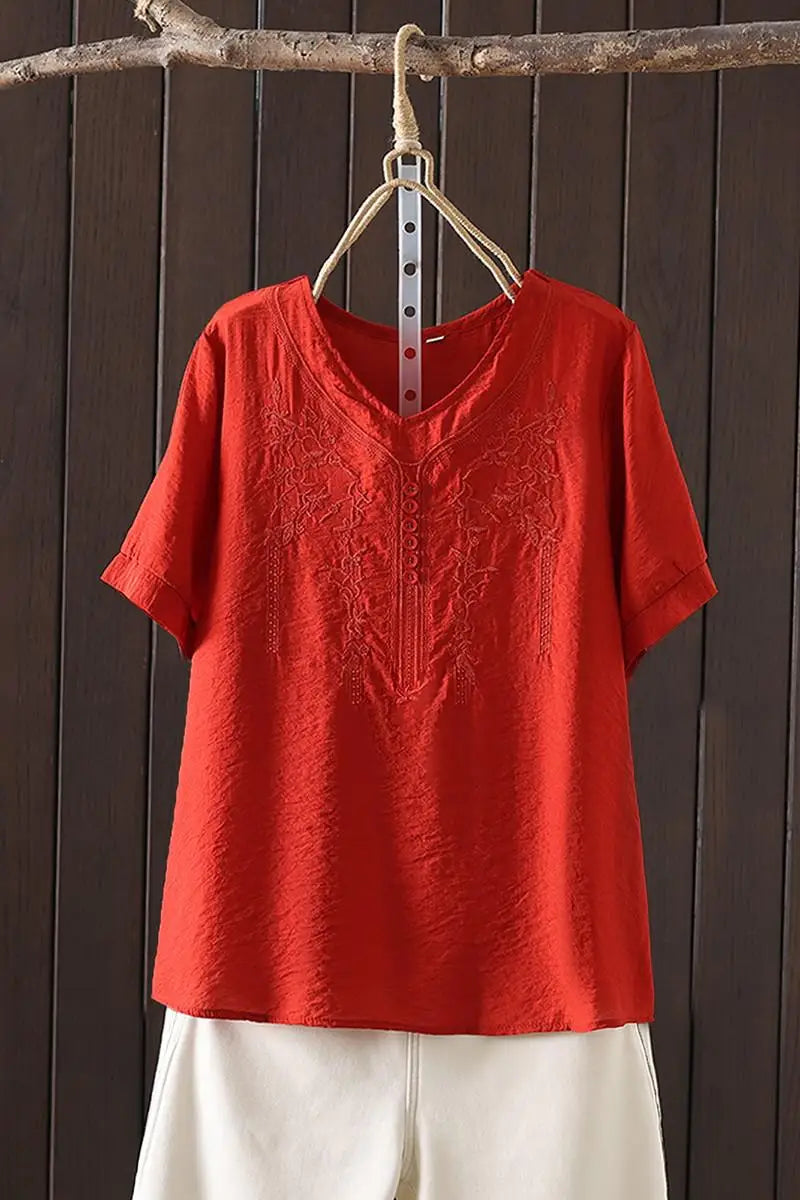 Women Clothing Streetwear Casual Fashion Elegant Cotton Linen Embroidery Vintage Clothes Tops Shirts for Women Tees