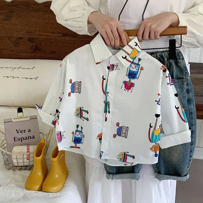 Baby Boys Blouses Toddler Lapel Blouse Kids Long-Sleeved Cotton Tops Full Printed Shirts 2025 Spring Autumn Children's Clothing