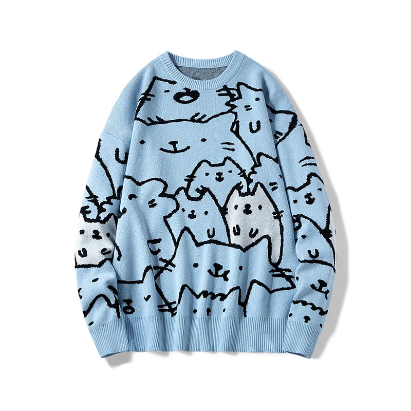 Autumn Cotton Anime Sweaters Men Retro Harajuku Vintage Oversized Sweaters Loose Cute Cartoon Cat Pullovers Homme Men Clothing