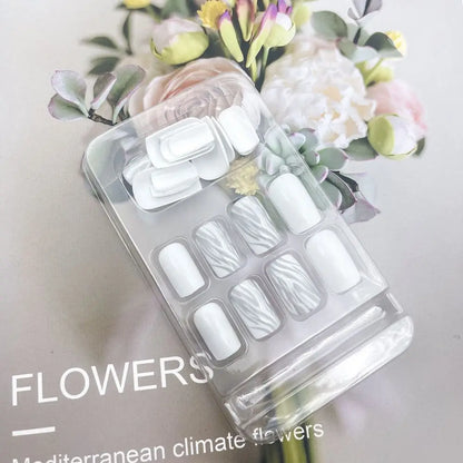 24PCS Short Square False Nails French White Edge Fake Nials Silver Flame Full Cover Press On Nails Detachable Ballerina Nail Tip