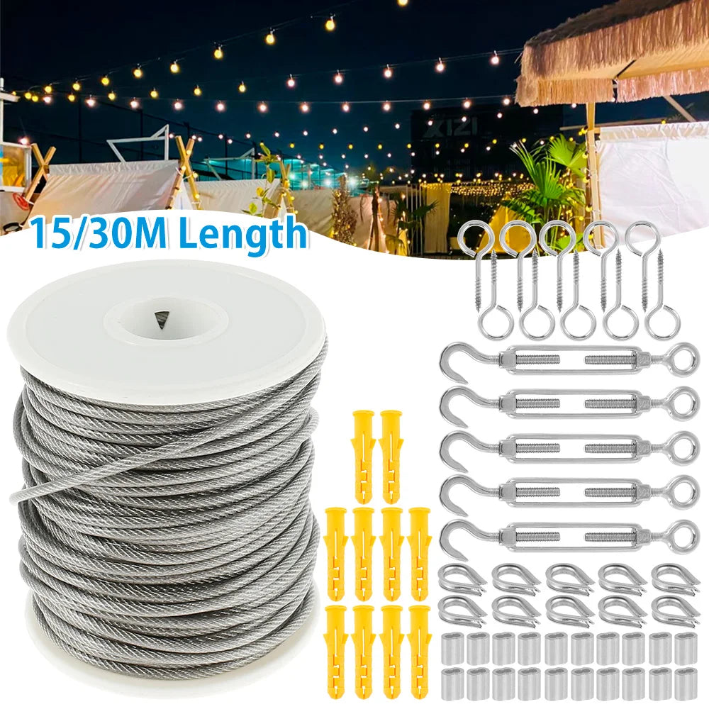 15/30M Stainless Steel Cable Rope PVC Coated Garden Cable Guardrail Ropes Multifunction Railing Wire Fence Roll Sets With Screw