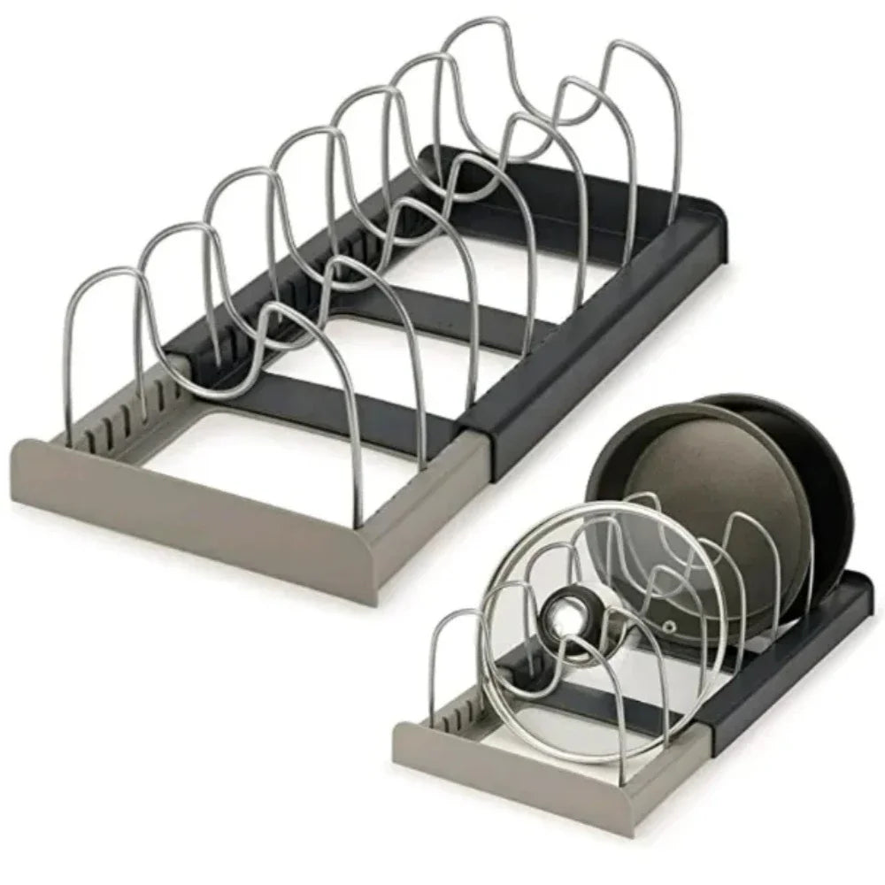 Expandable Pot and Pan Organizers Rack Holder Kitchen Cabinet Pantry Bakeware Organizer Rack with 6 Adjustable Compartments