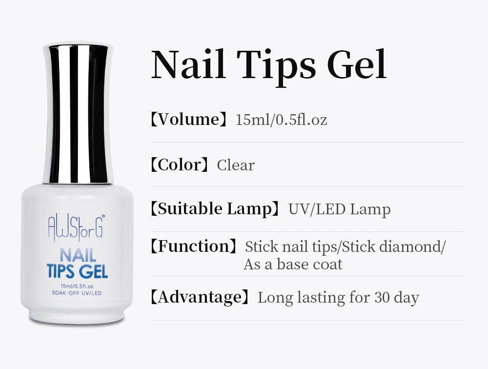 AWStorG 15ML Nail Tips Glue Gel For Falses Nail Tips Fast Extension 3 IN 1 Function Nails Art Transparent Gel Polish Soak Off UV