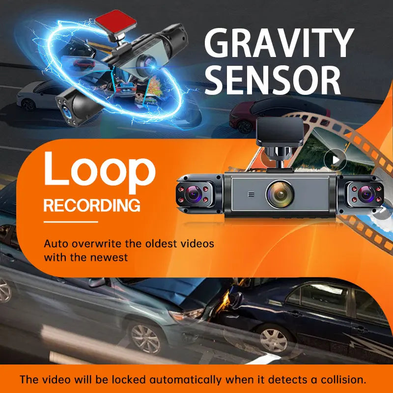 3 Camera Dash Cam, Front Inside Dashcam, Left Right Video Recorder, Loop Recording, Motion Detection, Wide Angle, Night Vision