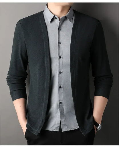 Men's Fake Two Piece Shirt Collar Knitted Cardigan Long Sleeve Shirt Man High Street Fake Two Pieces Button All-match Cardigan