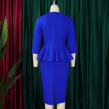 Elegant Office Dresses for Woman O Neck Full Sleeve Sheath Ruffles Package Hips Mid Calf Professional Business Work Dress Midi