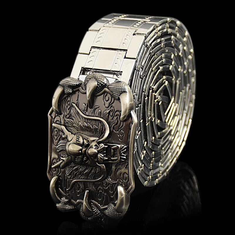 Men's belt metal stainless steel belt silver dragon retro-cologne silver belt high-end designer steel belt personality belt