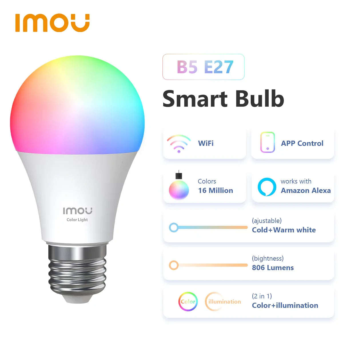 Imou B5（E26/E27）B22 Smart Light Bulb Control Lamp Base Dimmable Light Led Lamp Bombilla Colorful Changing 9W Function color
