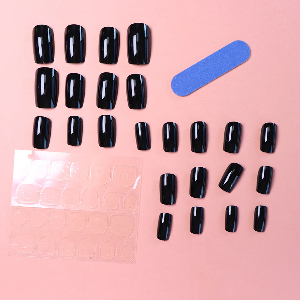 ARTAUG 24pcs Medium Press On Nails Square Black High Saturation Nail Charms Press On Nails Cover Fake Nail Set