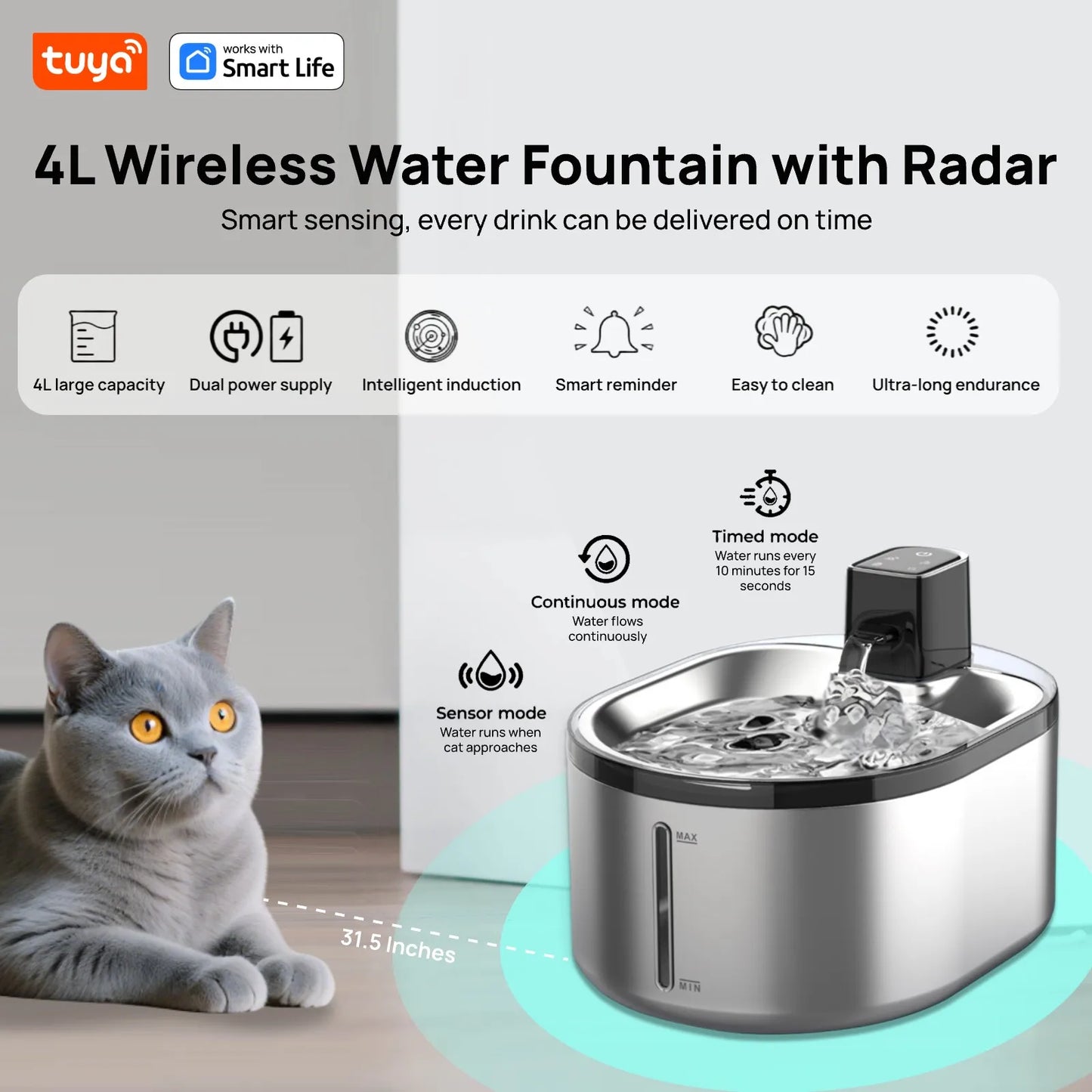 TuyaSmart Cat Fountain Battery Operated,Cat Water FountainSUS304Radar Sensing withMotion Sensor,Ultra Quiet PumpMulti-Filtration