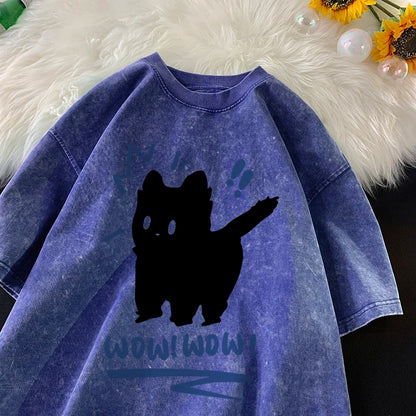 Vintage Water Washing T Shirts Wow Wow Fun Black Cat Tops Casual Hip Hop Short Sleeve Men Women Clothing Cotton Couple Tops