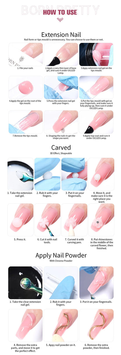 BORN PRETTY 15ml Clear Non Stick Hand Extension Gel Nail Polish for 3D Shaping Nail Art Solid Milky Jelly Hard Gel for Fake Nail