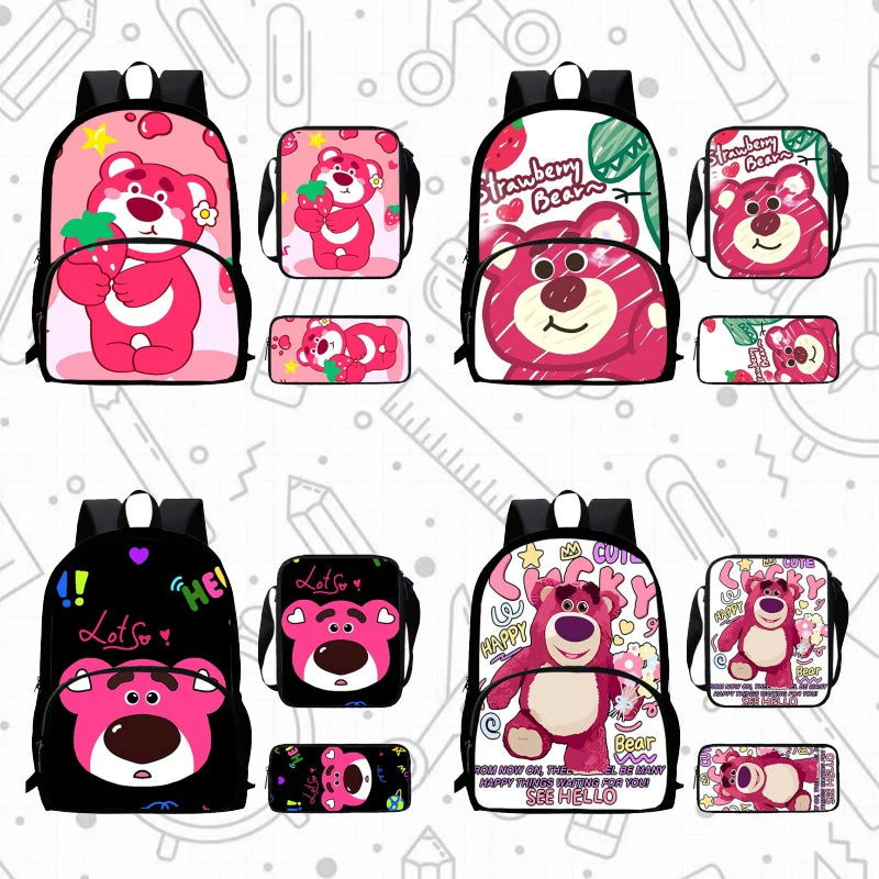 Child School Backpack with Front Pocket,Shoulder Bag,Pencil Bag for Aged 5-10,Cartoon Strawberry Bear School Bags for Boys Girls