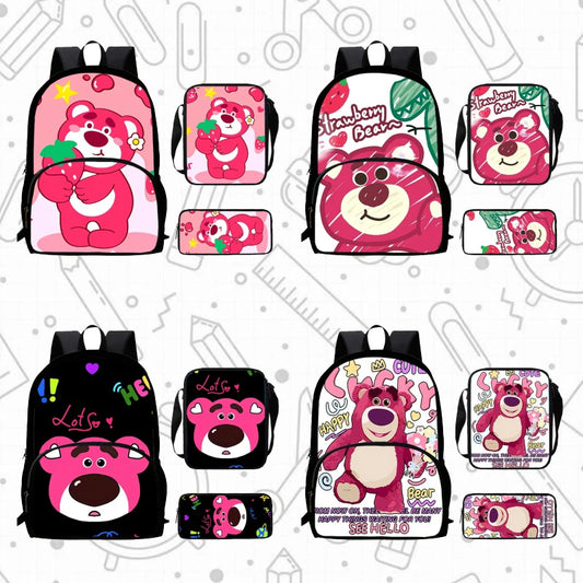 Child School Backpack with Front Pocket,Shoulder Bag,Pencil Bag for Aged 5-10,Cartoon Strawberry Bear School Bags for Boys Girls